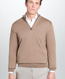 Camel Merino Wool Zip Neck Sweater