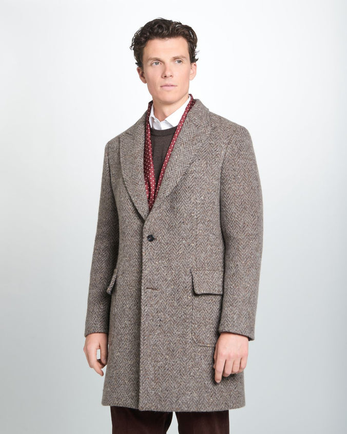 Brown British Wool Herringbone Peak Lapel Overcoat