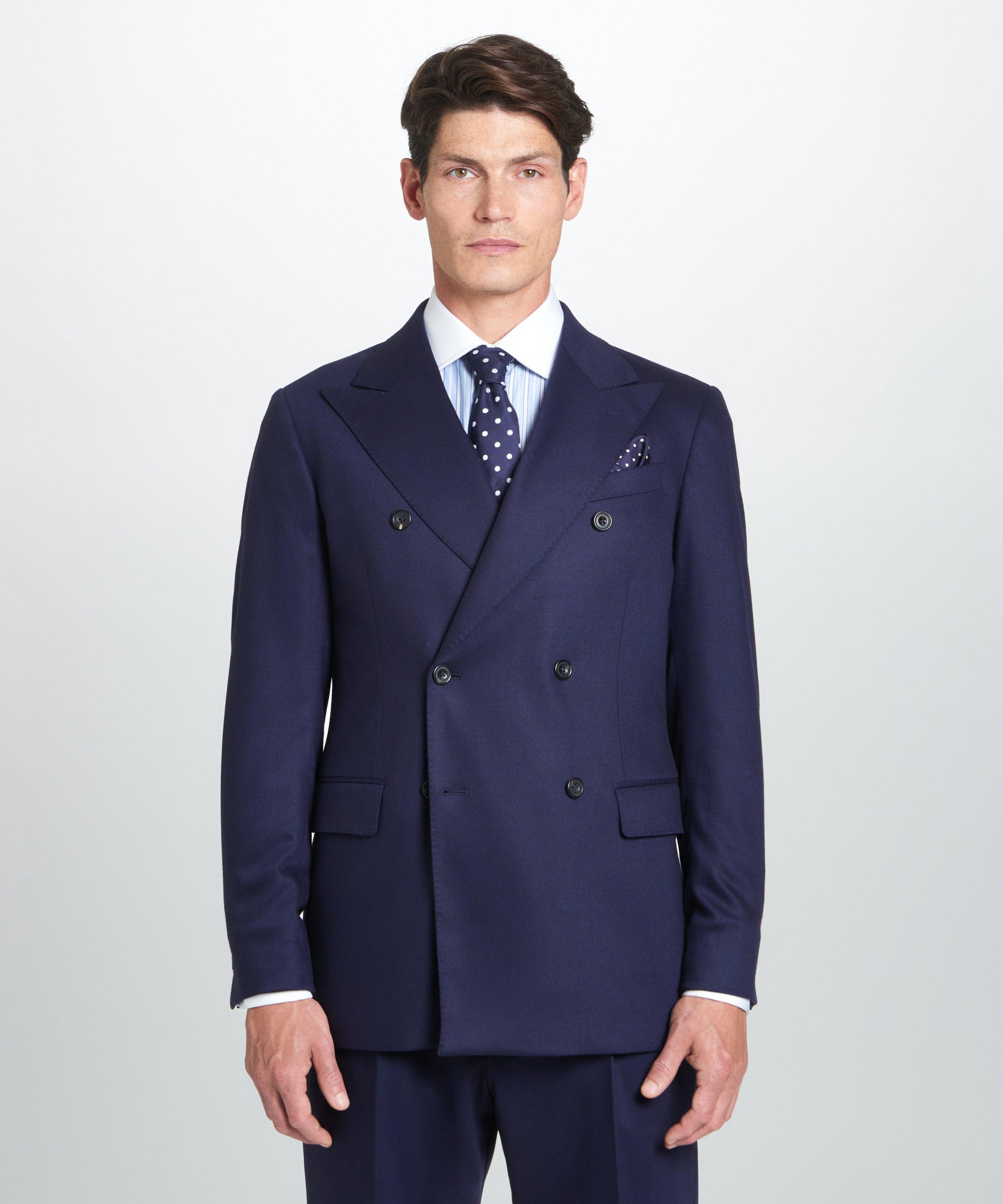 Navy Tailored Fit Twill Flannel Stretch Double Breasted Jacket