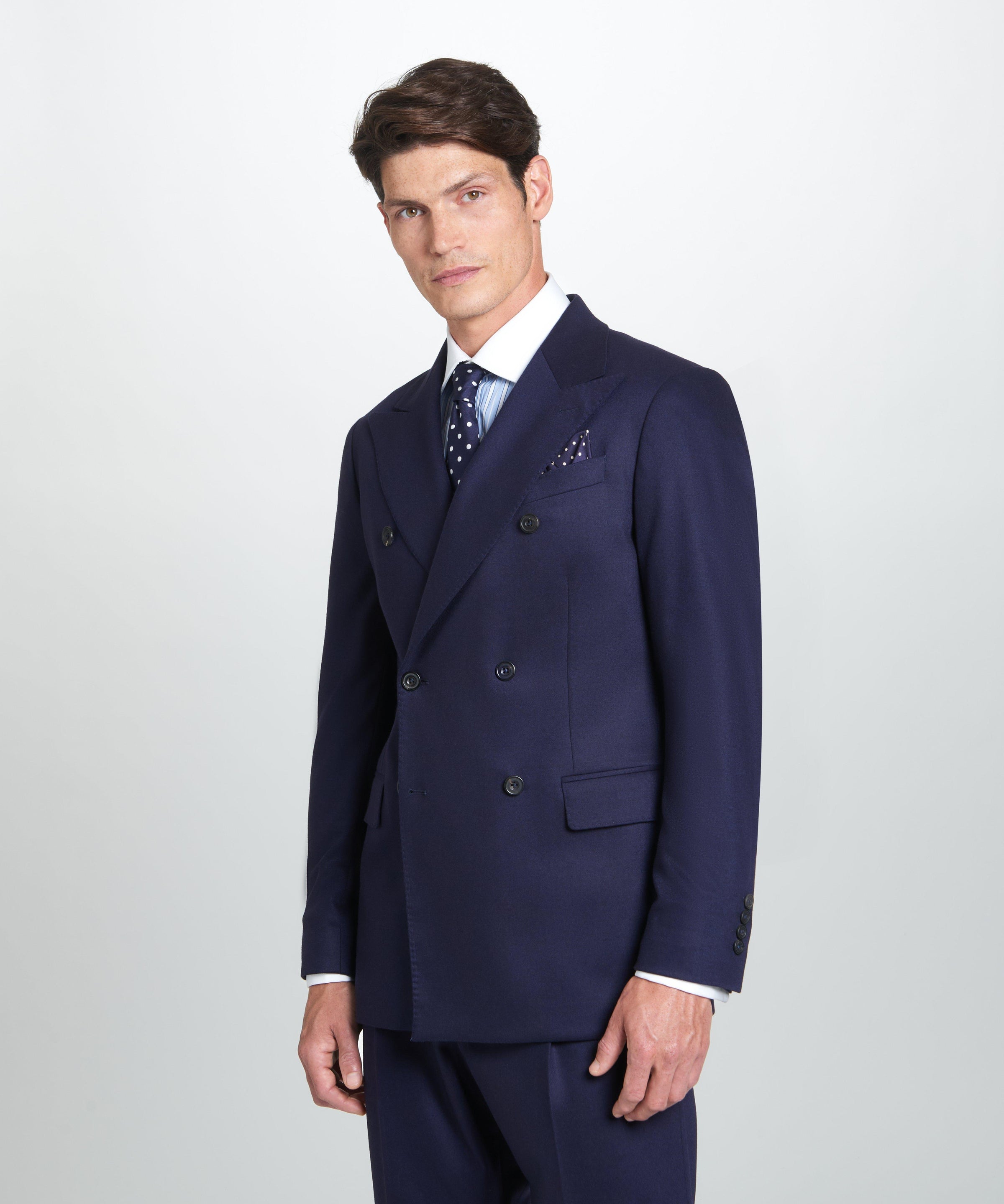 Navy Tailored Fit Twill Flannel Stretch Double Breasted Jacket